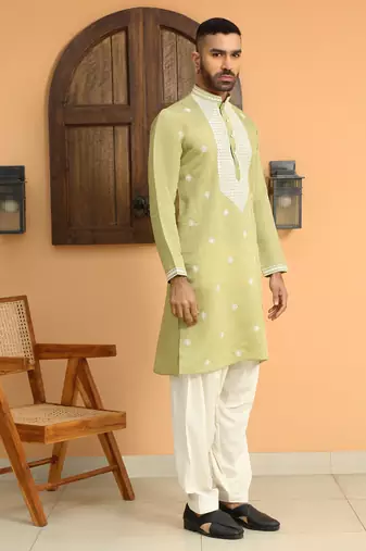 Embroidered yoke design cotton silk mandarin collor green kurta