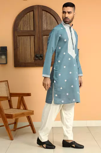 Embroidered yoke design cotton silk mandarin collor blue kurta
