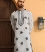 Ethnic motifs embroidered cotton silk mandarin collor grey kurta