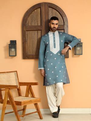Embroidered yoke design cotton silk mandarin collor blue kurta 5