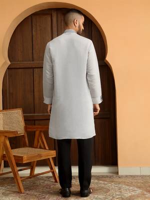 Ethnic motifs embroidered cotton silk mandarin collor grey kurta 4