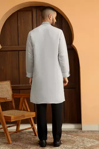 Ethnic motifs embroidered cotton silk mandarin collor grey kurta
