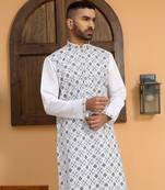 Cotton silk embroidered mandarin collor white kurta