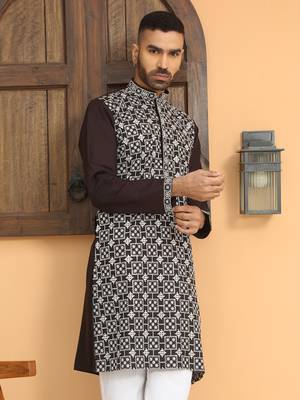 Cotton silk embroidered mandarin collor black kurta 1