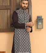 Cotton silk embroidered mandarin collor black kurta
