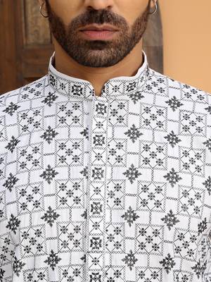 Cotton silk embroidered mandarin collor white kurta 2