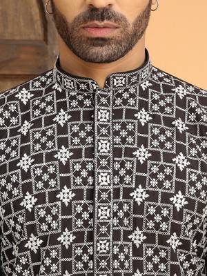 Cotton silk embroidered mandarin collor black kurta 2