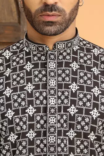 Cotton silk embroidered mandarin collor black kurta