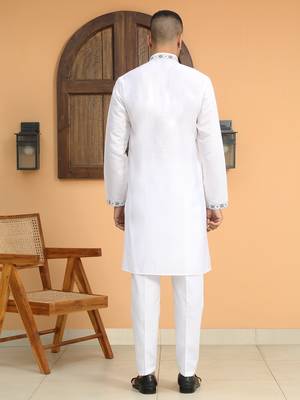 Cotton silk embroidered mandarin collor white kurta 3