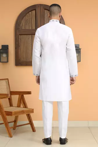 Cotton silk embroidered mandarin collor white kurta