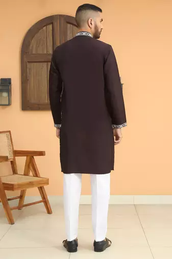 Cotton silk embroidered mandarin collor black kurta
