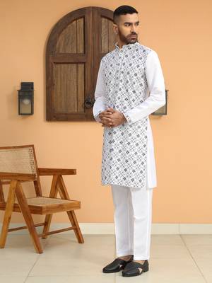 Cotton silk embroidered mandarin collor white kurta 4