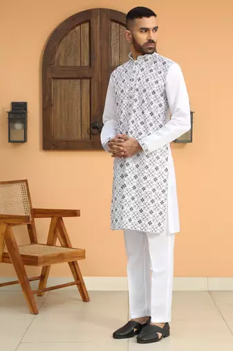 Cotton silk embroidered mandarin collor white kurta