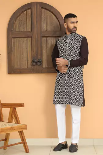 Cotton silk embroidered mandarin collor black kurta