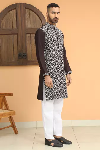 Cotton silk embroidered mandarin collor black kurta
