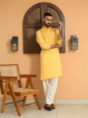 Cotton silk sequins work embroidered yellow kurta 1