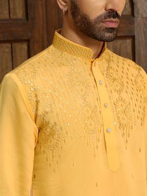 Cotton silk sequins work embroidered yellow kurta 2