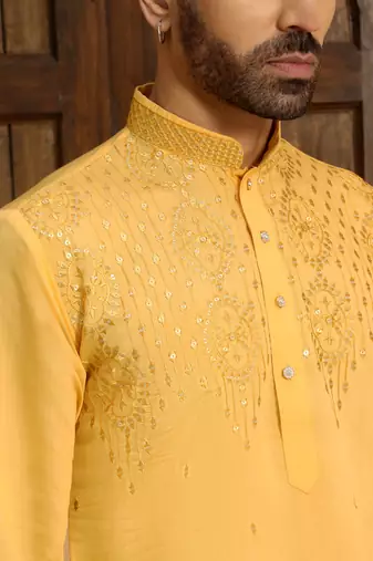 Cotton silk sequins work embroidered yellow kurta
