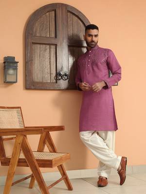 Cotton silk sequins work embroidered mauve kurta 1