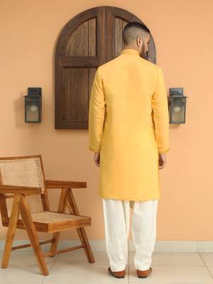 Cotton silk sequins work embroidered yellow kurta 3