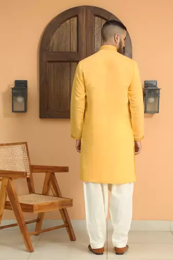 Cotton silk sequins work embroidered yellow kurta