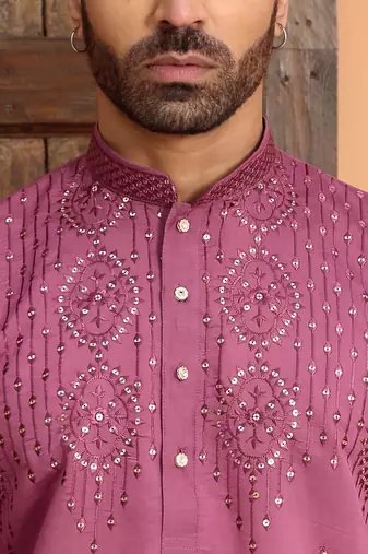 Cotton silk sequins work embroidered mauve kurta