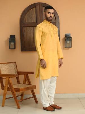 Cotton silk sequins work embroidered yellow kurta 4
