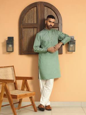 Cotton silk sequins work embroidered green kurta 1