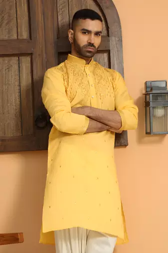 Cotton silk sequins work embroidered yellow kurta