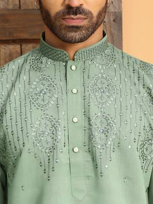 Cotton silk sequins work embroidered green kurta 2