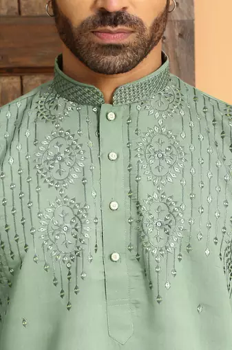 Cotton silk sequins work embroidered green kurta