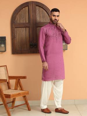 Cotton silk sequins work embroidered mauve kurta 4