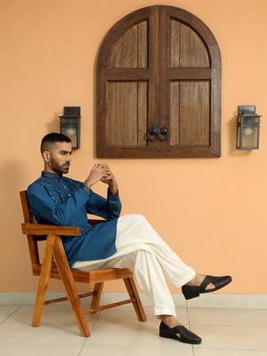 Cotton silk sequins work embroidered blue kurta 1