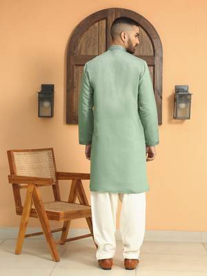 Cotton silk sequins work embroidered green kurta 3
