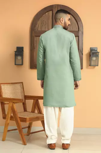 Cotton silk sequins work embroidered green kurta