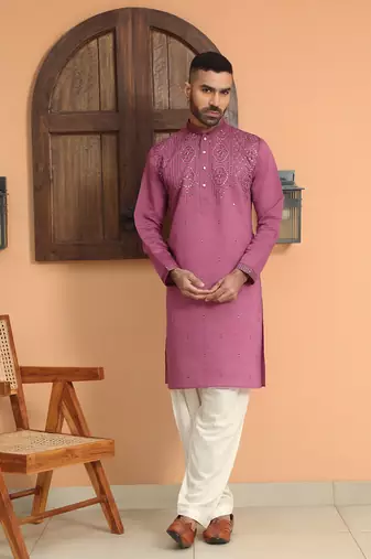 Cotton silk sequins work embroidered mauve kurta
