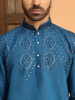 Cotton silk sequins work embroidered blue kurta 3