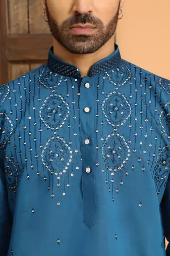 Cotton silk sequins work embroidered blue kurta