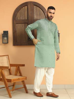 Cotton silk sequins work embroidered green kurta 4
