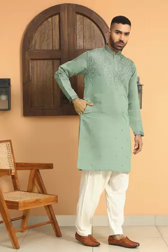Cotton silk sequins work embroidered green kurta