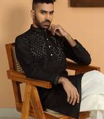 Cotton silk sequins work embroidered black kurta