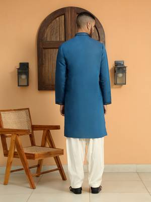 Cotton silk sequins work embroidered blue kurta 4