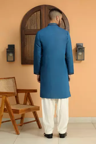 Cotton silk sequins work embroidered blue kurta