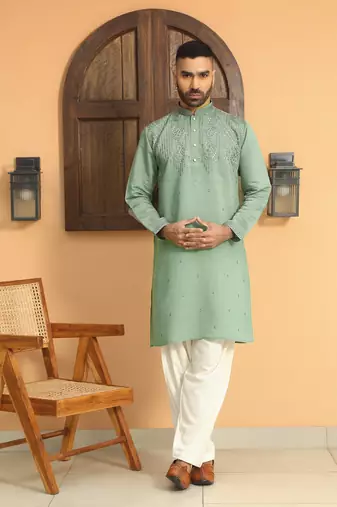 Cotton silk sequins work embroidered green kurta