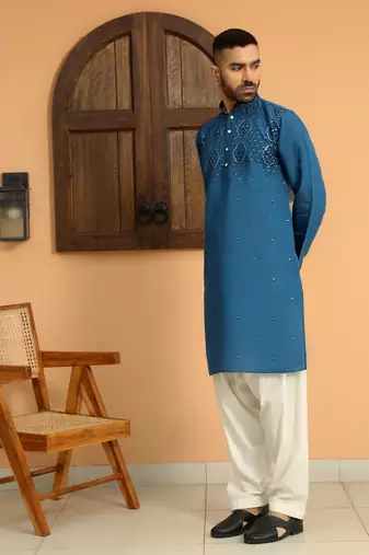 Cotton silk sequins work embroidered blue kurta