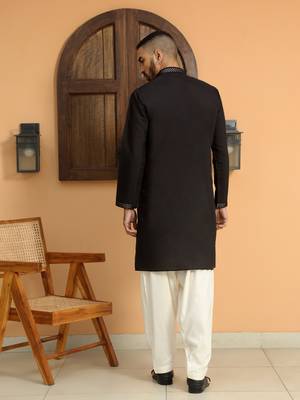 Cotton silk sequins work embroidered black kurta 3
