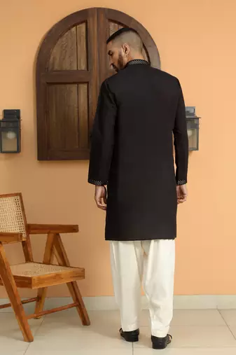 Cotton silk sequins work embroidered black kurta