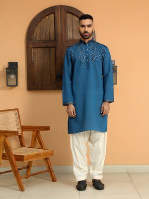 Cotton silk sequins work embroidered blue kurta 6