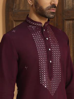 Cotton silk sequined embroidered yoke design wine kurta 2