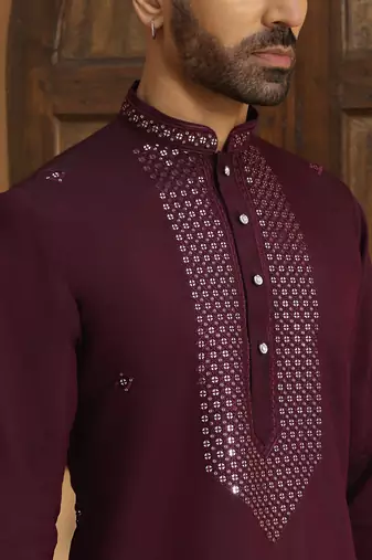 Cotton silk sequined embroidered yoke design wine kurta